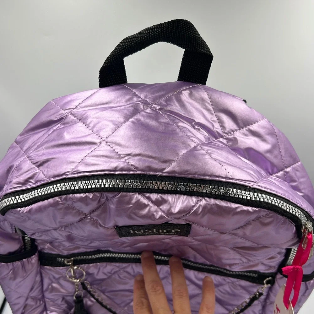 Justice Backpack Purple Girls Metallic Quilted Puffer NWT 13 W x 17 T x 3 D in